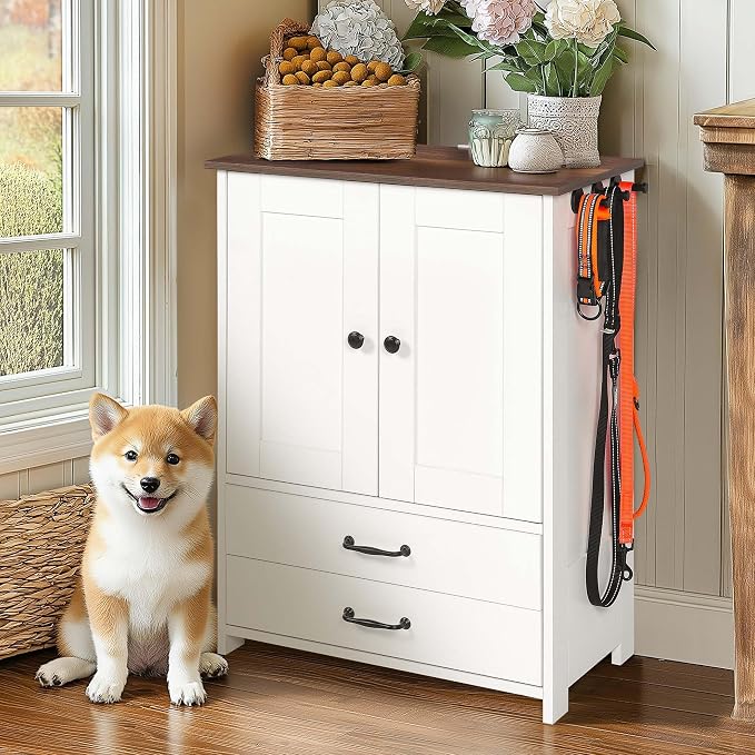 Majnesvon Pet Feeding Station with Storage Cabinet - Dog Food Organizer with Pull-Out Drawers, Adjustable Height Bowls & 3 Hooks - 23.6” Pet Storage Cabinet for Dogs & Cats