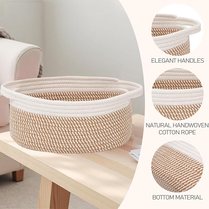 JMvicyroam Small Woven Basket, Empty Gift Basket, White&Brown Block/1 Pack | Small Gift Basket, Cotton Rope, 12 x 8 x 84 in, Handles, Includes Ribbon and Bag, Birthday Gift Basket