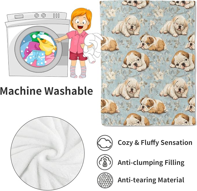 English Bulldog Blanket,60x80in,Cute Dog and Blue Floral Throw Blankets,Birthday Gifts for Kids Adult & Pet Lovers, Lightweight Soft Fleece Cozy,for Sofa Couch Bed Room Modern Decor