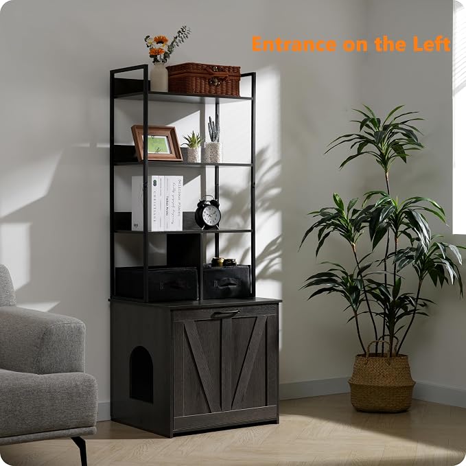Dwanton Cat Litter Box Enclosure, 3 Storage Shelves and 2 Drawers, 61.8" H | 2-in-1 Hidden Cat Litter Box Enclosure Furniture with Shelf, Metal Frame, Reversible Entrance, Washable Drawers, Dark Grey