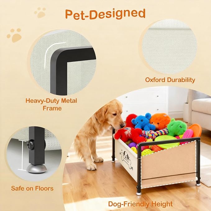 Dog Toy Box for Storage, Metal Frame Oxford Fabric Pet Toy Organizer with Raised Legs, Large Capacity Dog Toy Basket with Front Low Opening, Washable and Durable Design