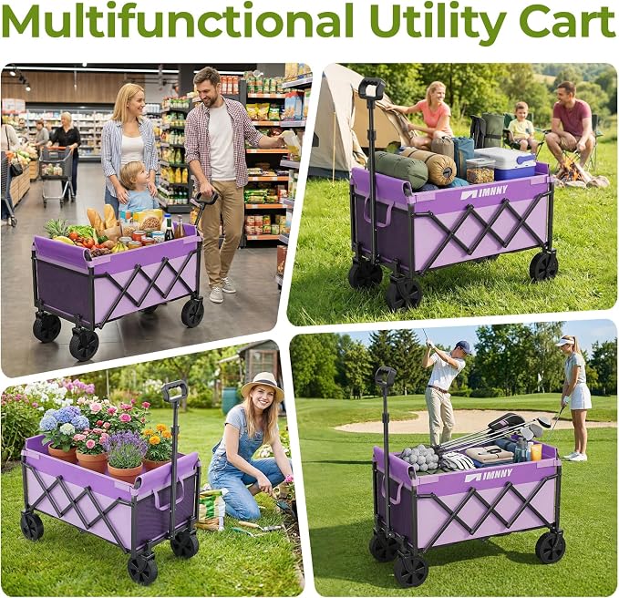 Purple Small Collapsible Wagon Cart, Lightweight Folding Utility Cart with Wheels, 220lbs Capacity Portable Grocery Cart for Sporting Events, Garden, Shopping (Purple)