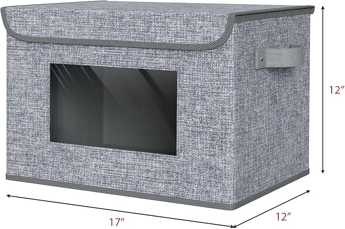 Univivi Fabric Storage Bins with Lids for Clothes 4 Pack, Grey Linen | 17 x 12 x 12 In Foldable Storage Boxes with Handles, Clear Window, Closet Organizers for Home, Bedroom