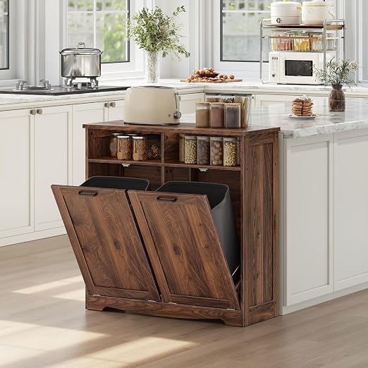 HOOBRO Double Tilt Out Trash Can Cabinet, 20 Gallon Kitchen Trash Bin Cabinet, Hidden Trash Storage with Open Compartments, Hidden Laundry Hamper, for Kitchen, Laundry, Walnut WL04LJ01
