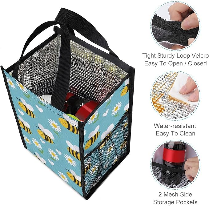 Reusable Thermal Lunch Tote Bag Compatible with Yellow Bee Cute Flower Daisy Sky Blue Lunch Box, Portable Insulated Picnic Cooler Bags Food Container Organizer