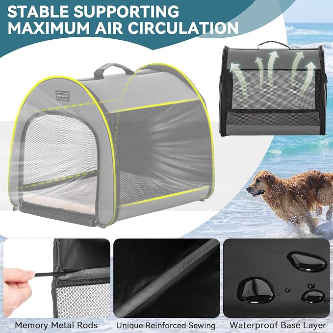 PETSFIT Soft Dog Crate, Dog Travel Crate - 26.5 Inch Lightweight, Roomy, Easy to Set Up, Portable Pop Up Dog Carrier with Thick Mat, Sturdy Soft Sided Dog Crate, Grey