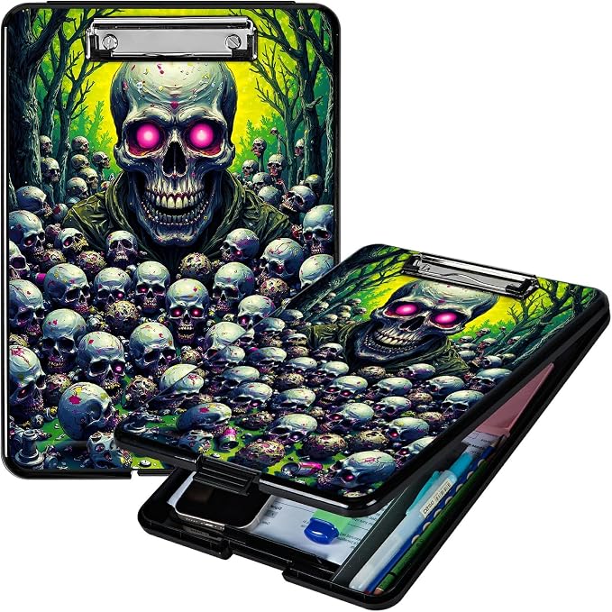 Heavy Duty Storage Clipboard, Slim Nursing Clipboard with Internal Pen Case, Portable File Organizer Case for A4 Letter Size Paper Office Medical Professionals, Forest Skull