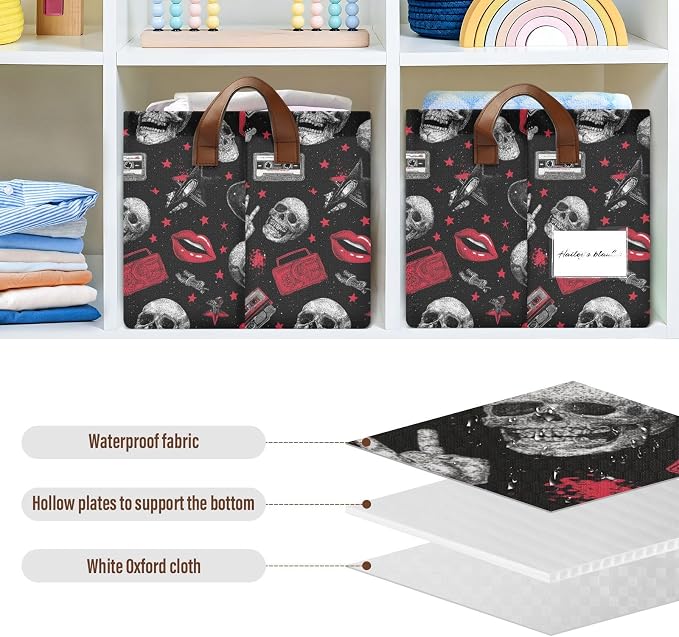 Music Rock and Roll Skulls Storage Basket Foldable Cube Storage Bins with Handles&Label Waterproof Collapsible Organizer Box Bin Large Rectangle Decorative Baskets for Shelves Home Room Laundry-2 PC