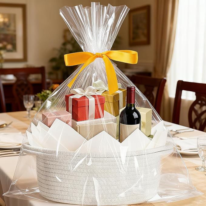 woric Small Woven Gift Basket Storage Baskets Back to School Baskets | Cotton Rope Basket Includes Gift Bag Card Ribbon & Tissue Paper for Gifts Storage Baby Shower Wedding Halloween Gifts