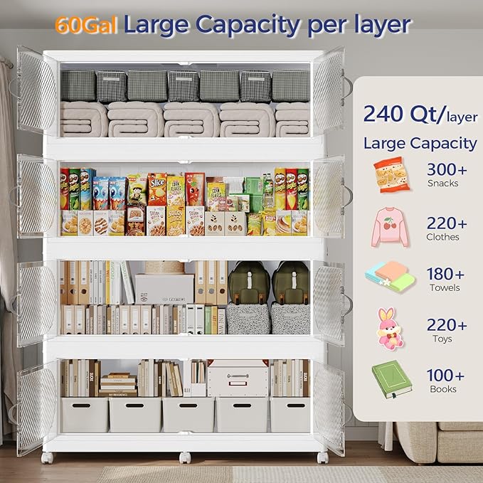 300GAL Plastic Storage Bins with Lid, 1200QT Extra Large Stackable Closet Organizers and Storage, Collapsible Storage Boxes with Wheels, Folding Cabinet for Home Kitchen Office, 5Pack White
