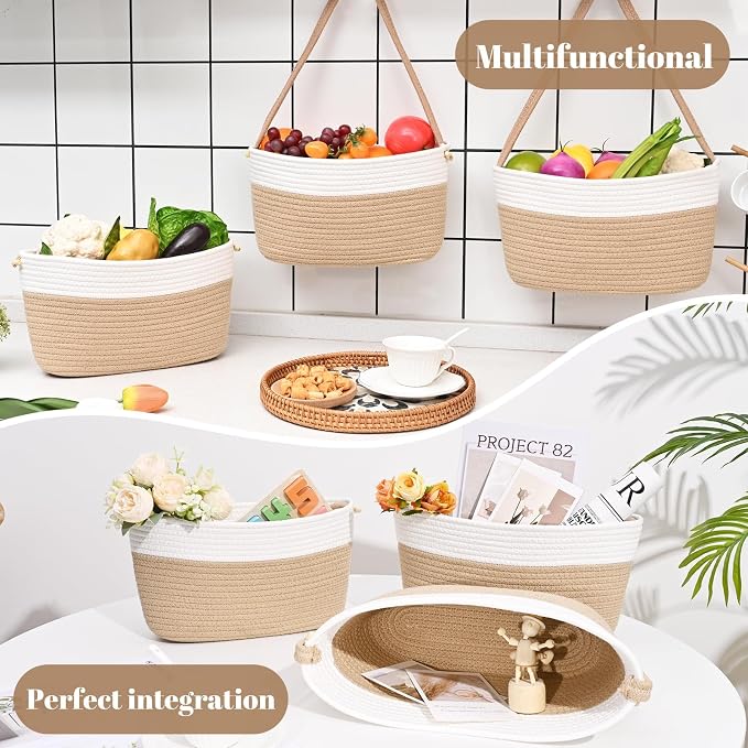 Hanging Basket, 3-Tier Woven Wall Basket with 4 Hooks, Cotton Rope Storage Baskets, Over the Door Organizer for Nursery, Bedroom, Cottage and Boho Wall Decor