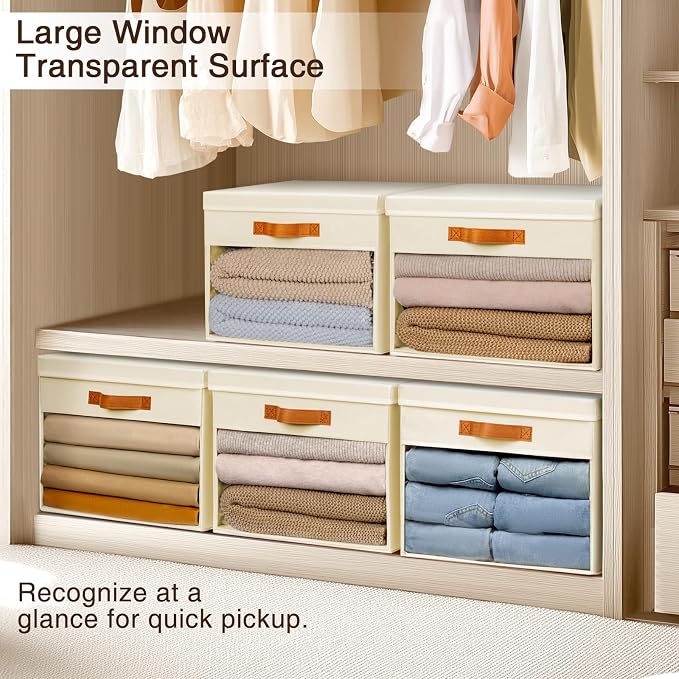 Large Storage Bins with Lids - 4 Pack Foldable Decorative Organizers with Clear Windows & Handles, Cube Storage Organizers for Clothes, Blankets, Sweaters, Sheets, Beige
