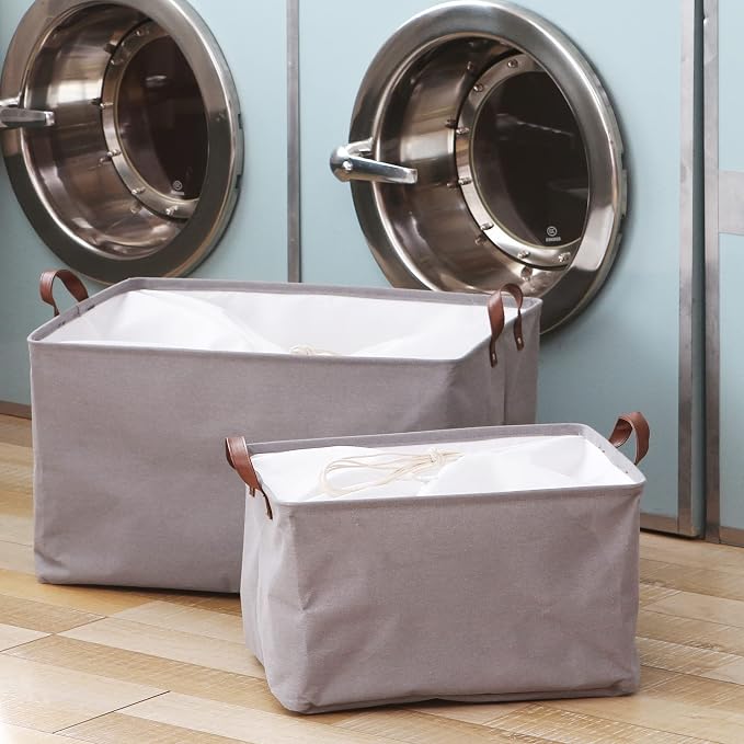 Hinwo 70L Extra Large Canvas Storage Bin with Lid and Handles, 4-Pack | Collapsible Fabric Baskets, Closet Shelf Organizers, Containers for Clothing, Blankets, Toys, Bedding (Gray)