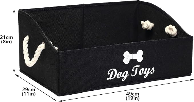 Large Dog Toys Storage Bins - Foldable linen Trapezoid Organizer Boxes with weave Rope Handle, Collapsible Basket for Shelves (Black-DOG)