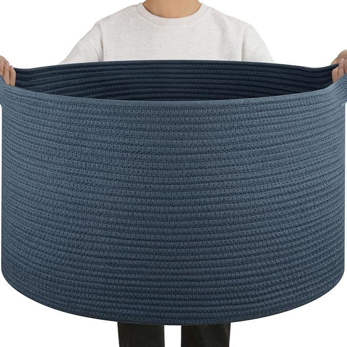 OIAHOMY 90L Extra Large Blanket Basket - Decorative Cotton Rope Storage Basket for Bedroom, Living Room & Nursery - Woven Laundry Hamper for Organizing Blankets, Clothes & Toys - Blue