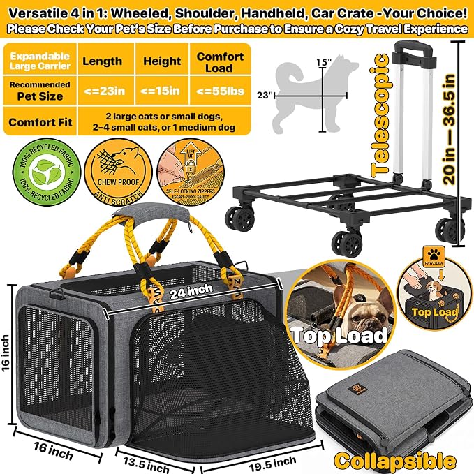 PAWZIDEA Expandable Large Pet Carrier with Wheels, 24x16x16 in Rolling Cat Carrier for 2–4 Cats up 55lb, Soft-Sided Collapsible Small Medium Dog Crate for Car Travel, Telescopic Handle, Storage Pocket