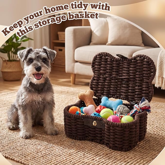 Novabright Bone Shaped Dog Toy Basket with Lid, Cotton Rope Woven Pet Toys Bin with Latch and Handle, Handmade Dog Toy Organizer Storage Brown Bin for Puppy 15" x 11.2" x 6.5"