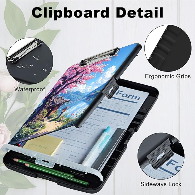 A4 Clipboard with Storage Pen Holder, Clipboards Organizer Nursing Clipboard Foldable File Folder Plastic Clipboard Folio Clip Board for Office Work Classroom Doctor, Pink Flower Brook