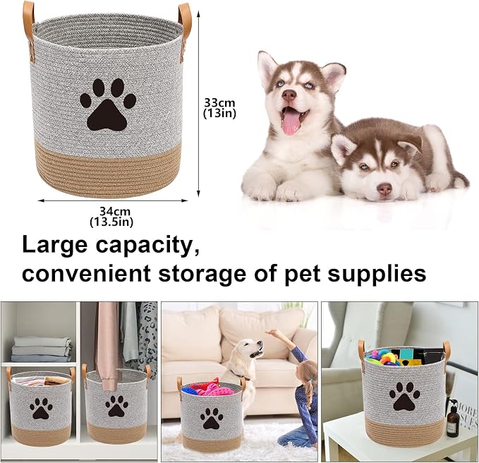 Morezi Cotton Rope Dog Toy Basket, Puppy Toy Storage Bin, Laundry Basket Blanket Storage - Perfect for Organizing Pet Toys, Blankets, Leashes - Gray Beige