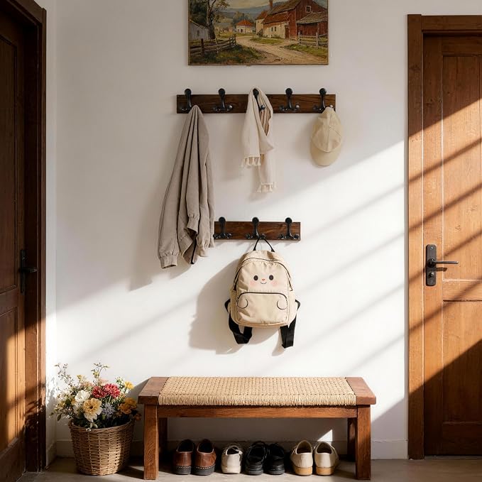 SKOLOO 24-Inch Walnut Wood Coat Rack Wall Mount with 5 Triple Hooks - Ideal for Family Entrances, Classrooms, and Pet Supplies Storage - Perfect Coat Hooks for Wall