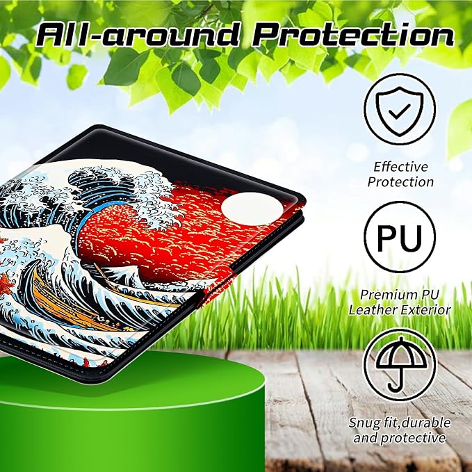 Universal Tablet Case for T-Mobile Revvl Tab 2 10.1" 2025/Revvl Tab 5G 10.36" 2023, 360 Degree Rotating Kickstand Protective Stand PU Leather Shell Cover for 9"-10.5", Red Sunset Waves