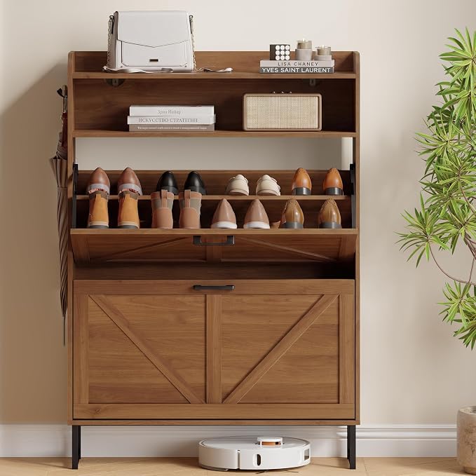 Xixini Shoe Storage Cabinet with 2 Flip Drawers, Entryway Shoe Rack, Walnut | Freestanding Narrow Shoe Storage, Hidden Slim Wood Shoe Organizer, Modern Farmhouse, Open Storage & Hooks for Closet, Hallway