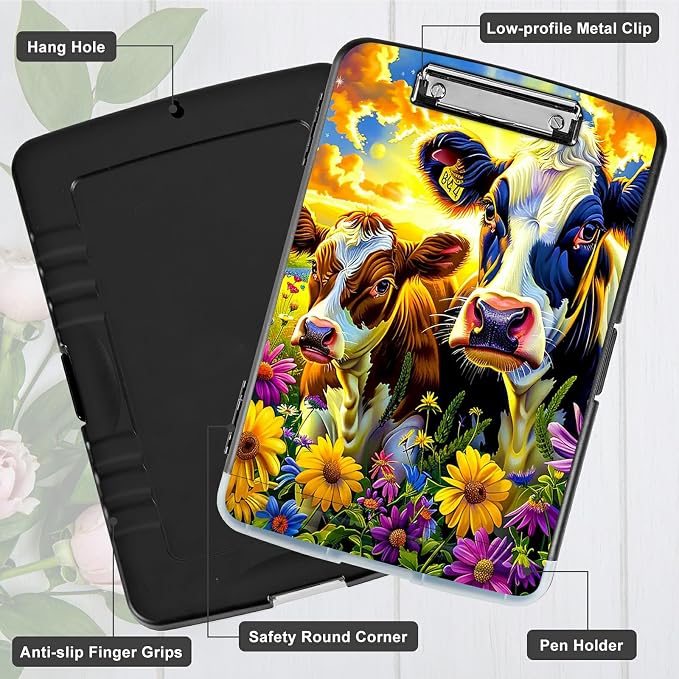 Purple Flower Cow A4 Clipboard with Storage Pen Holder, Clipboards Organizer Nursing Clipboard Foldable File Folder Plastic Clipboard Folio Clip Board for Office Students Classroom Doctor