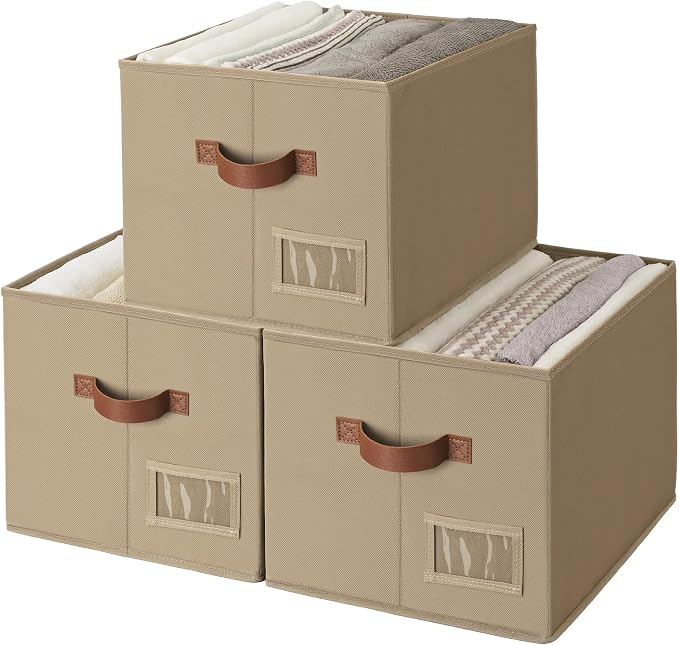 GRANNY SAYS Closet Storage Bins with Label, Brown, Large, 3-Pack | Fabric Storage Bins with PU Handles, Closet Organizers and Storage Bins, Decorative Storage Boxes for Clothes