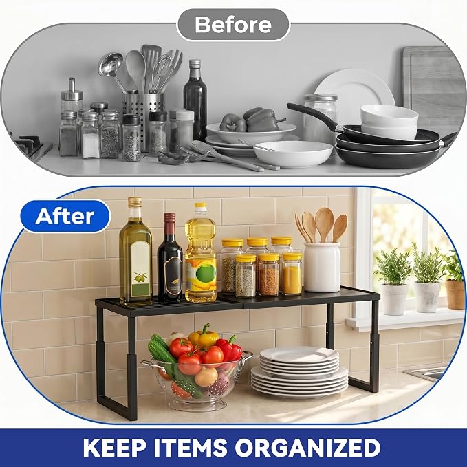 Expandable Cabinet Shelf Organizer, Stackable Countertop Shelves, Black | 15.8''- 25.5'' In Cabinet Shelf, Adjustable Kitchen Cabinet Organizer for Pantry Organizer, CupBoard Organizers and Storage