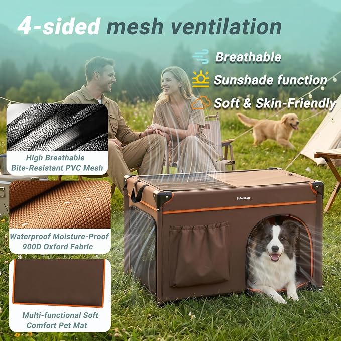36 Inch Collapsible Travel Dog Crate, 4 Doors & Soft Pet Mat | Portable Dog Travel Crate for Medium Dogs,Large Storage Bag & Breathable Mesh,Soft Sided Dog Crate for Indoor & Outdoor Khaki