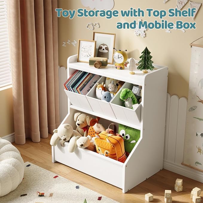Kids Toy Storage Organizer with Wooden Display Shelf for Playroom & Nursery | Open shelves and removable bins encourage children to read, play and clean up independently, patent design