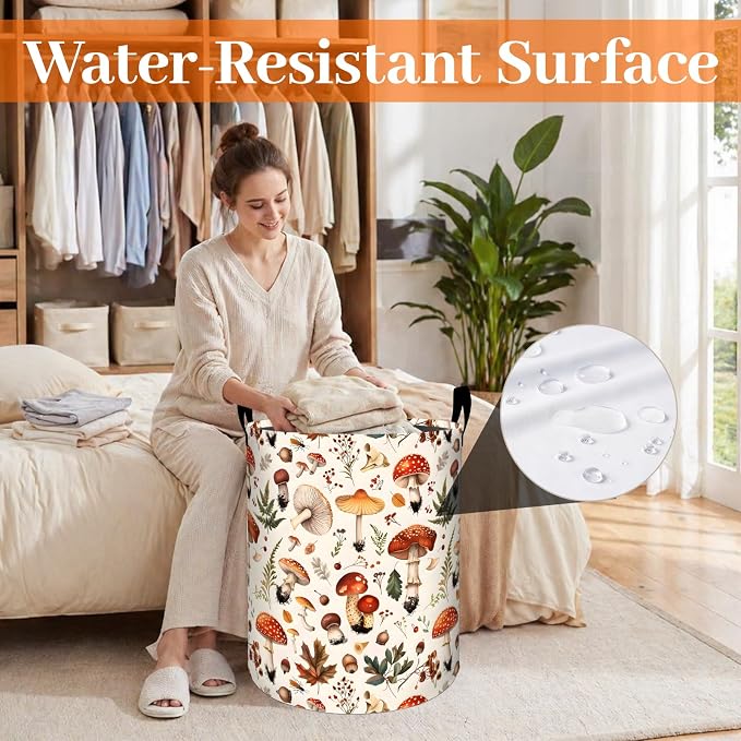 Mushroom Laundry Basket, Forest with Fern Botanical Oxford Cloth Dirty Clothes Collapsible Hamper for Room Decor, Woodland Gifts, Toy Organizer 19.7 x 15.7 Inches for Bedroom Bathroom Dorm