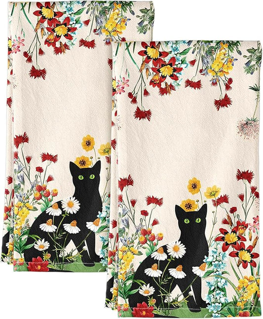 Miss Adola Flour Sack Kitchen Towels - Set of 2 Spring Dish Towels with Hanging Loop 18x26 Inch Absorbent Reusable Cotton Cloths for Cleaning Cute Design Home Decorative Housewarming, Flower Cats