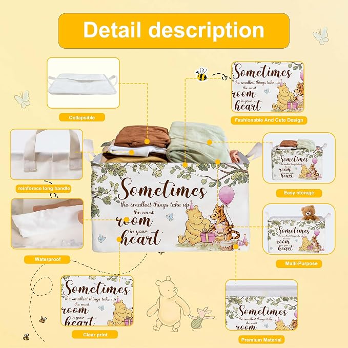 Winnie Nursery Decor, the Pooh Baby Stuff, Winnie Storage Nursery Basket, Large squarecanvas Laundry Hamper With A Waterproof PECoating, Foldable, Toys Bin, Baby Nursery HamperDecor, Star