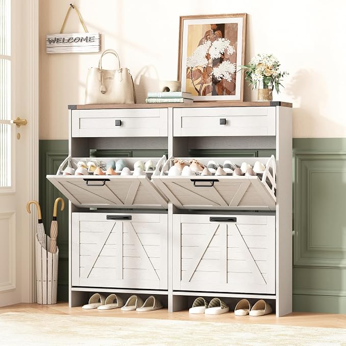 Halitaa Shoe Cabinet with 4 Flip Drawers & 2 Drawers,Farmhouse Shoe Storage Cabinet for Entryway,Slim Freestanding Organizer Rack for Front Door Entrance,White