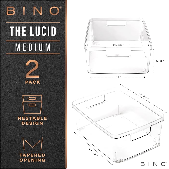 BINO | Plastic Storage Bins, Medium - 6 Pack | THE LUCID COLLECTION | Multi-Use Built-In Handles | BPA-Free | Clear Storage Containers | Fridge Organizer | Pantry & Home Organization