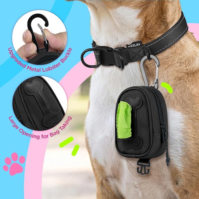 Dog Poop Bag Holder, Hands Free Cute Dog Poop Bag Dispenser for Leash with Big Opening Pet Waste Bag Holder Zippered Pouch with Carabiner Hook Waterproof Pet Poop Bag Holder Black
