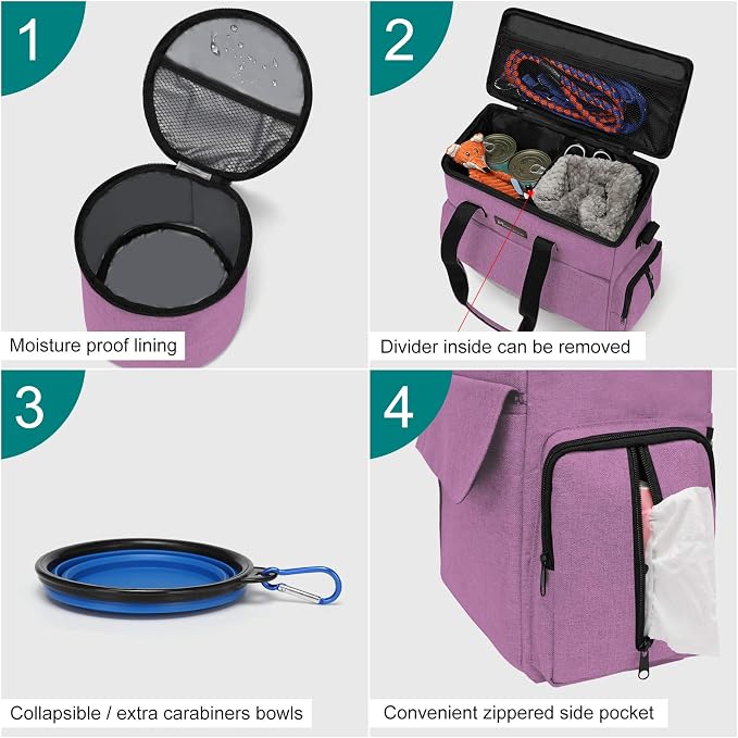 Modoker Weekend Dog Travel Bag Set with 2 Food Bags, 2 Bowls and Mat,Pink | Dog Travel Accessories Organizer for Camping and Road Trips with Roomy Storage, Multiple Pockets and Water-Resistant Oxford