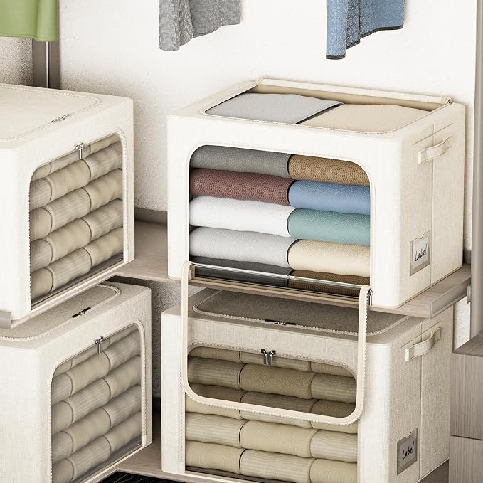 4 Pack Clothes Storage Bins with Metal Frame - 66L Stackable Storage Box with Lid，Foldable Storage Container Organizer for Clothes，Linen Fabric Storage Box with Clear Window＆Zippers＆Handles