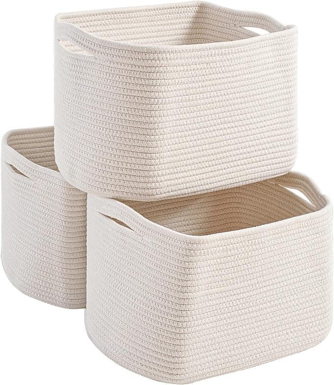 White Storage Baskets for Organizing Shelves, Woven Cotton Rope Basket for Storage, Basket for Toys Clothes Books Shoes, Organization Baskets, 14.8"×11"×9.5", Pack of 3, Off White