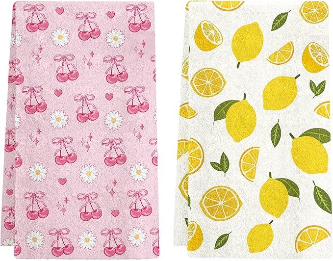 Lemon Kitchen Towels Set of 2 - Lemon Cherry Dish Towels for Kitchen Drying, Absorbent Dish Towels, Cute Fruit Kitchen Decor, Lemons Themed Gifts for Women, Summer Holiday Kitchen Accessories