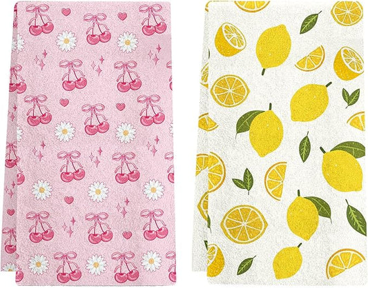 Lemon Kitchen Towels Set of 2 - Lemon Cherry Dish Towels for Kitchen Drying, Absorbent Dish Towels, Cute Fruit Kitchen Decor, Lemons Themed Gifts for Women, Summer Holiday Kitchen Accessories