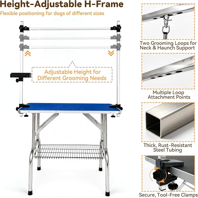 36" Foldable Dog Grooming Table with Adjustable H-Frame Arm & 2 Nooses, Heavy-Duty Stainless Steel Frame, Non-Slip Top, Tool Caddy and Mesh Tray, Blue
