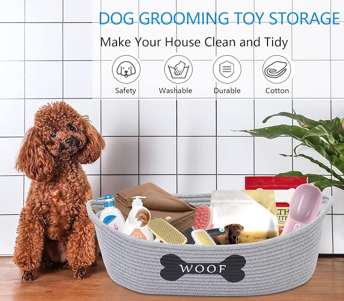 Morezi Dog Toy Baskets Pet Toy Basket Storage in Small Shallow Bin - Perfect for Collect Puppy Toys, Cat Toy, Grooming Stuff, Diapers, Bed, for Bathroom, Playroom, Closet, Home - Cotton Rope - Grey