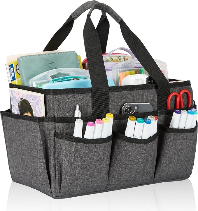 Craft Organizer Tote Bag, Art Storage Caddy with Multiple Pockets | Art Supplies Storage, Sewing Bag, Scrapbooking for School, Home and Office (Grey)