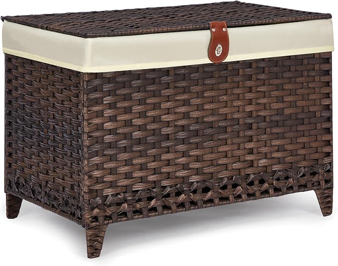 Wicker Storage Basket with Lid, 105L Shelf Basket with Removable Liner Bag | Rattan-Inspired Woven Design, Elevated Feet, Storage Trunk for Wardrobe, Bedroom & Home Organization