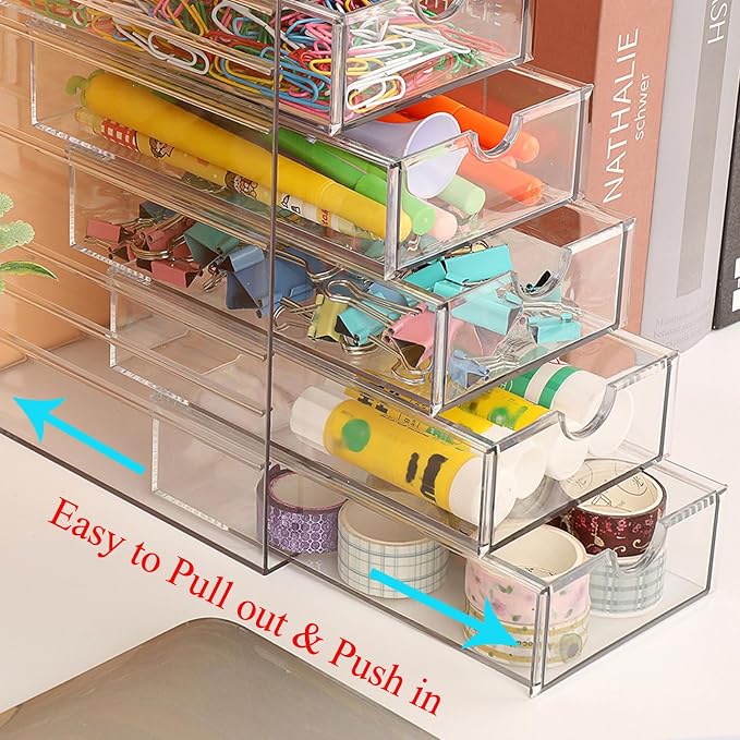 Hipiwe Plastic Drawer Organizer Desktop Storage Box with 6 Pull Out Drawers | Drawers Box for Bathroom, Dresser, Cosmetic Hair Tie Container for Women