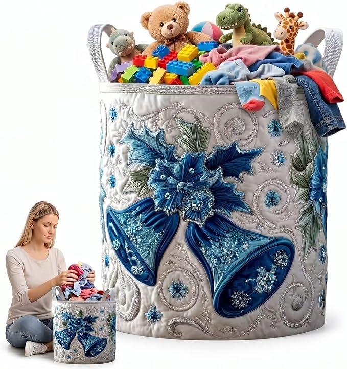 Quilted Laundry Basket with Handles, Boho Floral Fabric Storage Hamper, Large Soft Storage Hamper for Bedroom, Laundry Room, Clothes(14"x 18")