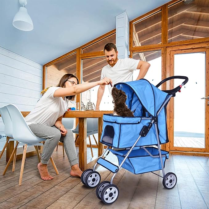 Pet Stroller,4 Wheels Dog Stroller with Storage Basket,Compact Portable Folding Carrier for Travel,Camping,Dog Carrier for Small Medium Dogs Or Cats,Lightweight Waterproof Pet Stroller,Blue