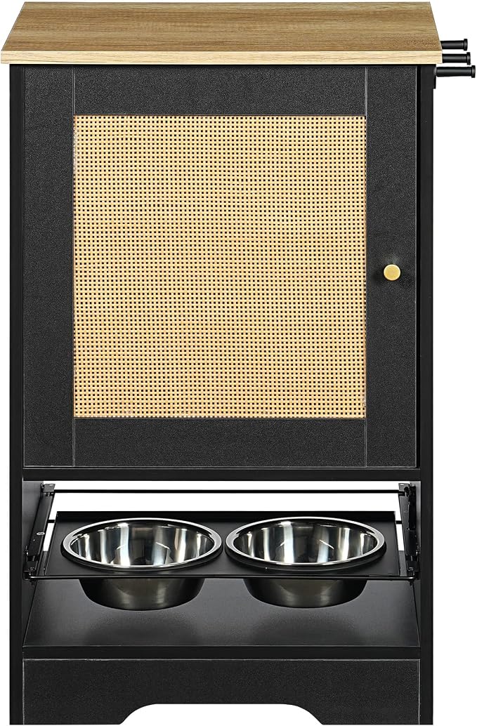 Modern Pet Feeding Station with Storage, Elevated Dog Feeder with 2 Stainless Steel Bowls, Hidden Slide Out Feeder Cabinet, Side Hooks, Anti Tip Kit, Dog, Cat Food Organizer (Black + Retro)